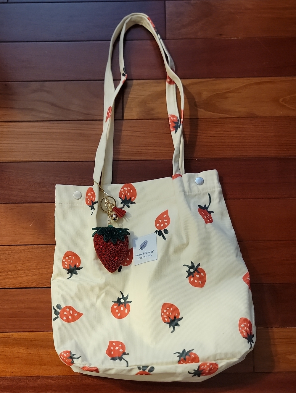 Strawberry Print Cream Cordoury Tote Bag with Strawberry Charm